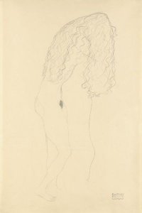 Nach Rechts Aufgestutzt Stehender Akt, Das Gesicht Durch Die Haare Verdeckt (Standing Nude With Her Face Covered By Her Long Hair)